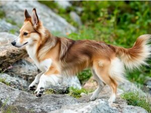 Norwegian Lundehund climbing rocky coastal terrain